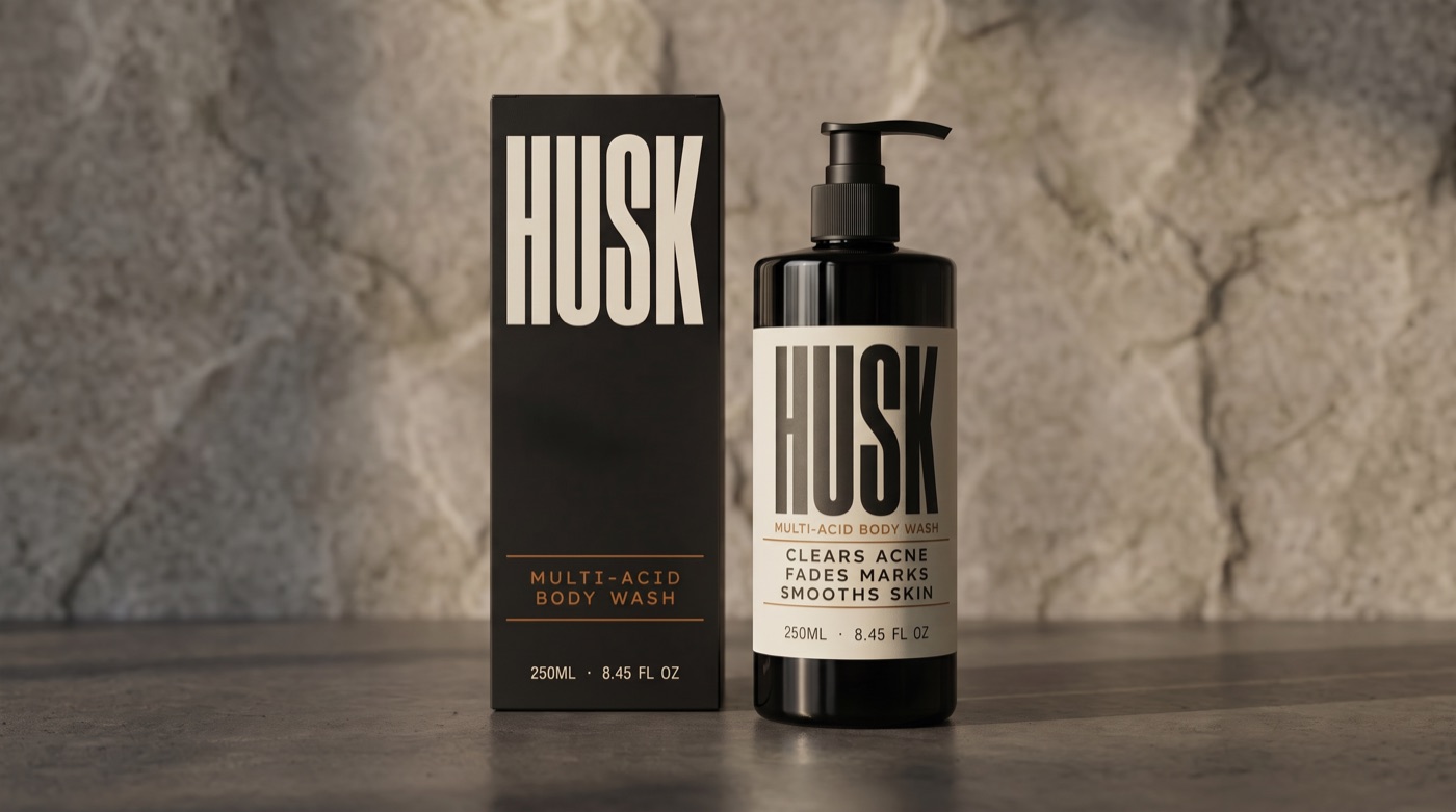 HUSK Multi-Acid Acne Body Wash — black pump bottle and box